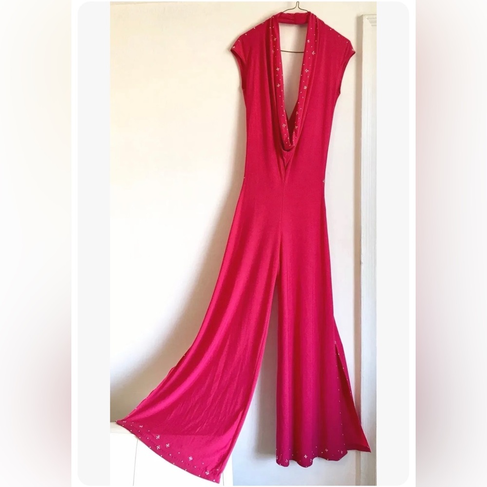 Barbie pink Stretch jersey 1970 Style Medium Size Jumpsuit With Custom Crystals